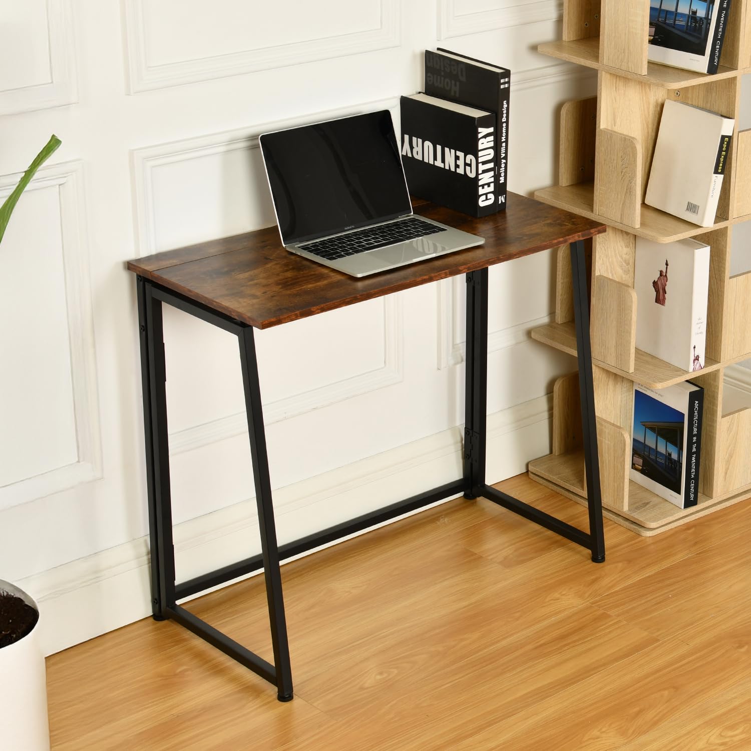 MEUBLE Cosy Mesa de Ordenador Plegable con Ruedas o Patas Ajustables, Ahorro de Espacio, Fácil de Mover, Estilo Moderno, Marrón