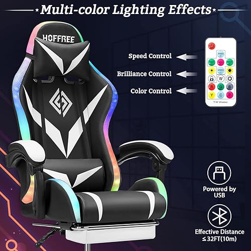 Miniatura 5 de Geepro - Silla de juegos con altavoces Bluetooth y luces LED RGB ergonómicas para computadora con masaje y reposapiés, respaldo alto, silla de