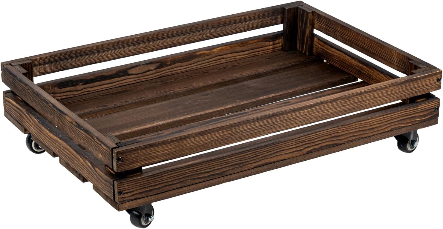 mygift 24 inch rustic burnt solid wood crate under bed storage cart with rotating wheels, wooden pallet style space saving bedroom organizer rolling underbed bin