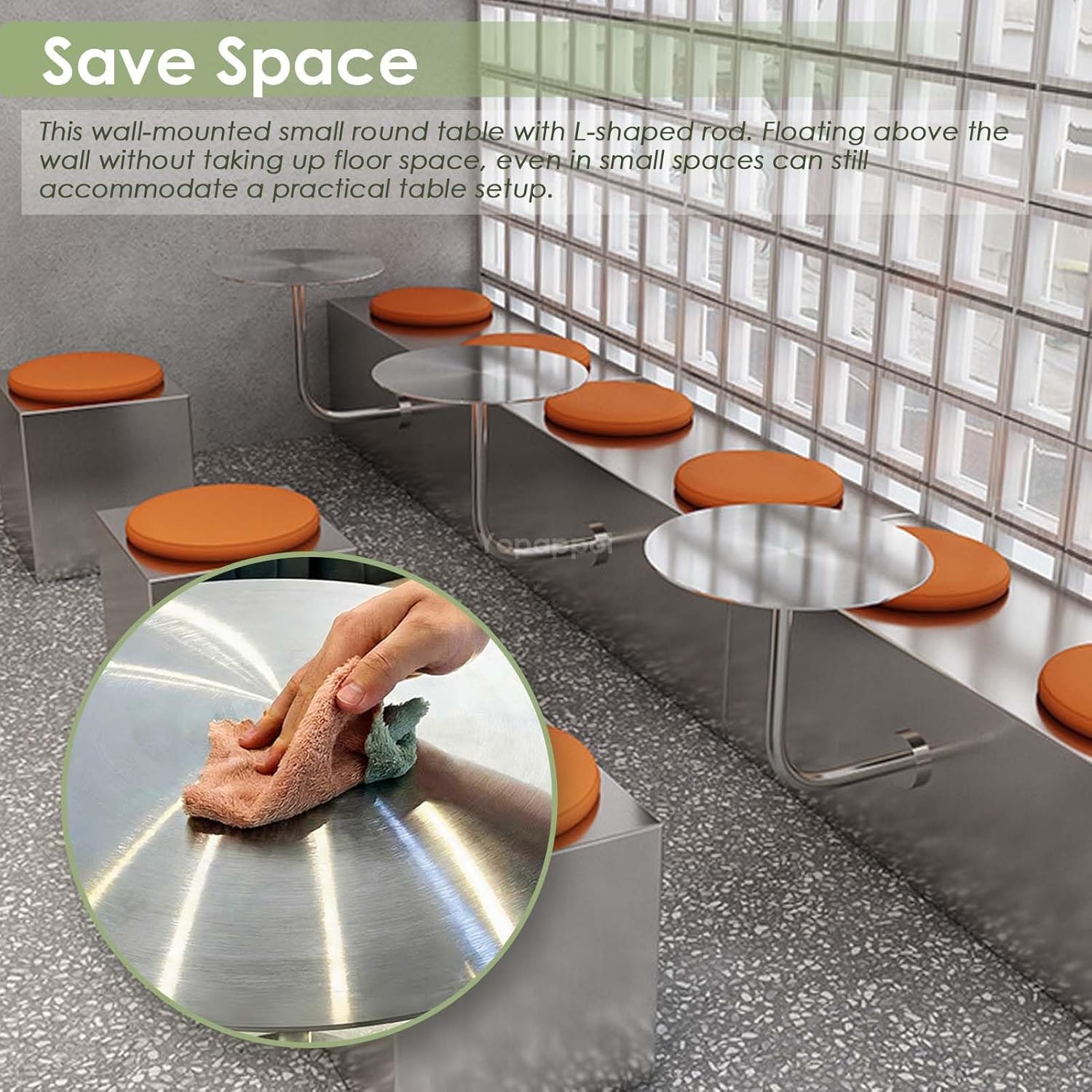 L-Shaped Wall-Mounted Round Tables, Stainless Steel Breakfast Bar Table Leisure Coffee Tea Table for Milk Tea Shop Garden Outdoor Patio Bistro Cafe(19.7x19.7x17.7inch)