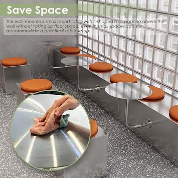 Wall Mounted Coffee Shop Small Round Table, Stainless Steel Sofa Side Table Hanging Dining Tables for Study, Bedroom, Bathroom, or Balcony Space Saving(19.7x19.7x17.7inch)