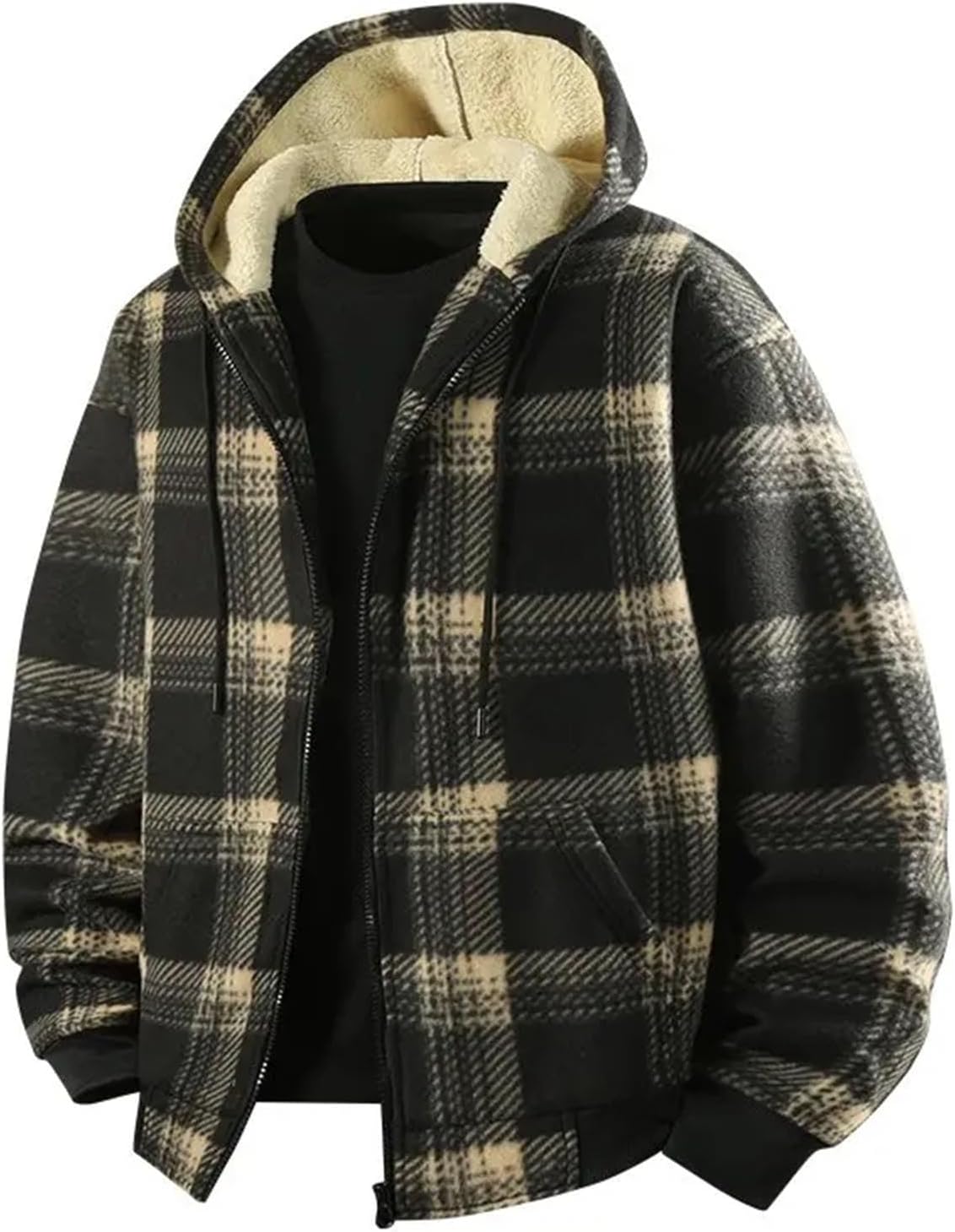 Men's Thick Fleece Grid Jacket Casual Loose Warm Lamb Fleece Winter Outerwear