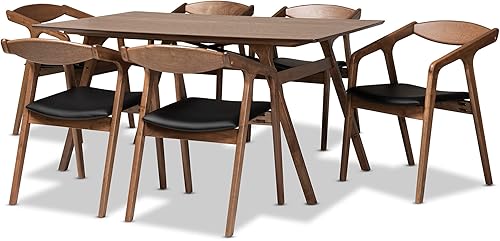 Miniatura 13 de Baxton Studio Harland Juego de sillas de comedor de 2 piezas tapizadas de piel sintética negra y acabado marrón nogal, juego de sillas de comedor