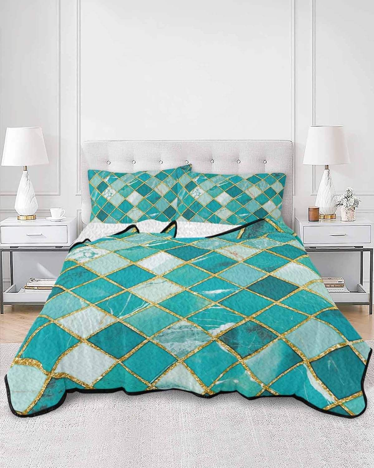 King Size Quilt Set, Turquoise Teal Marble Texture Lightweight Bedspread Coverlet Set Soft Microfiber Summer Quilt with 2 Pillow Shams, Golden Lattice Metal Lines 3 Piece Comforter Bedding Set