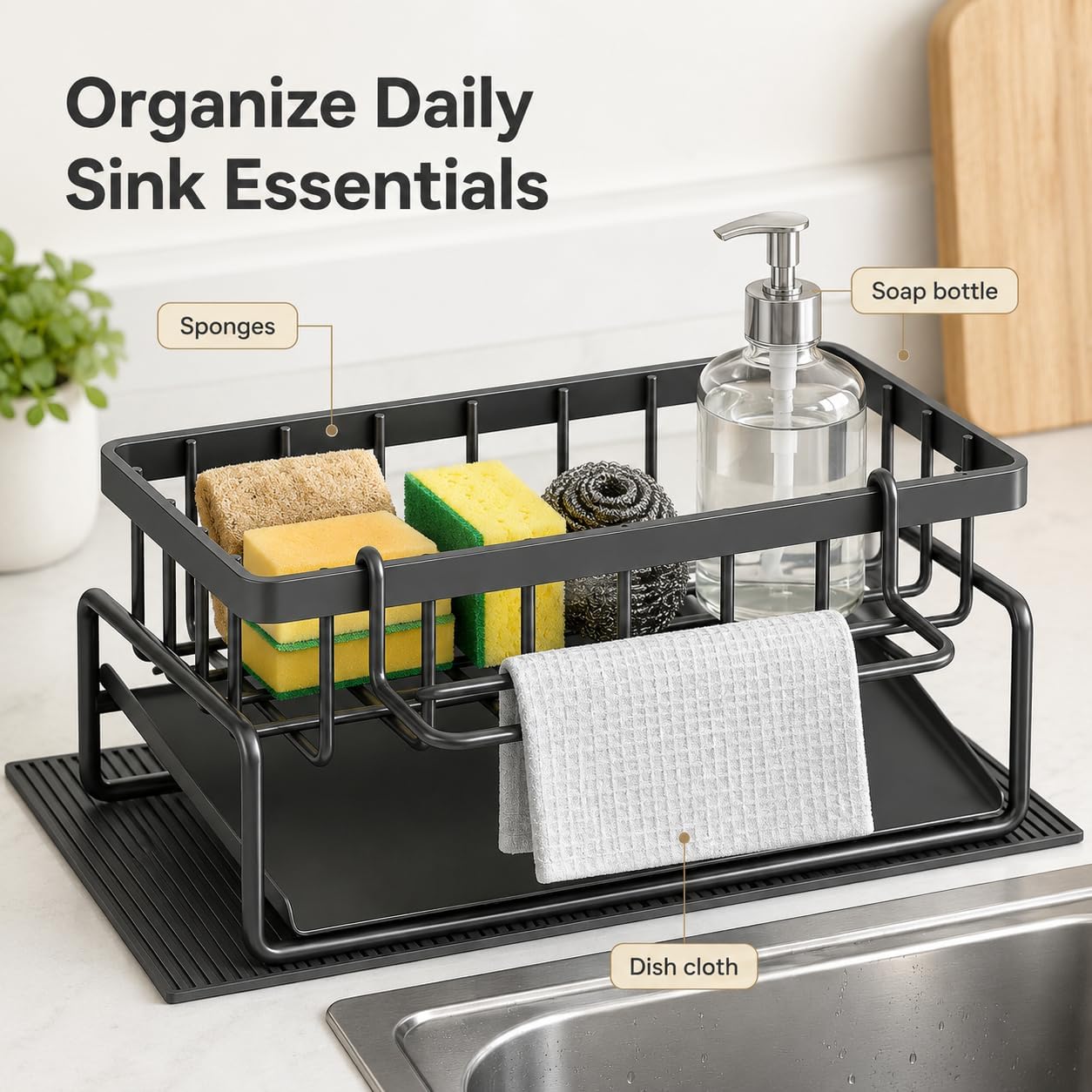 Self-Draining Kitchen Sink Caddy, Coated Metal Sponge Holder with Drip Tray, Detachable Dish Cloth Holder and Non-Slip Base for Sponge, Brush, Soap and Scrubber