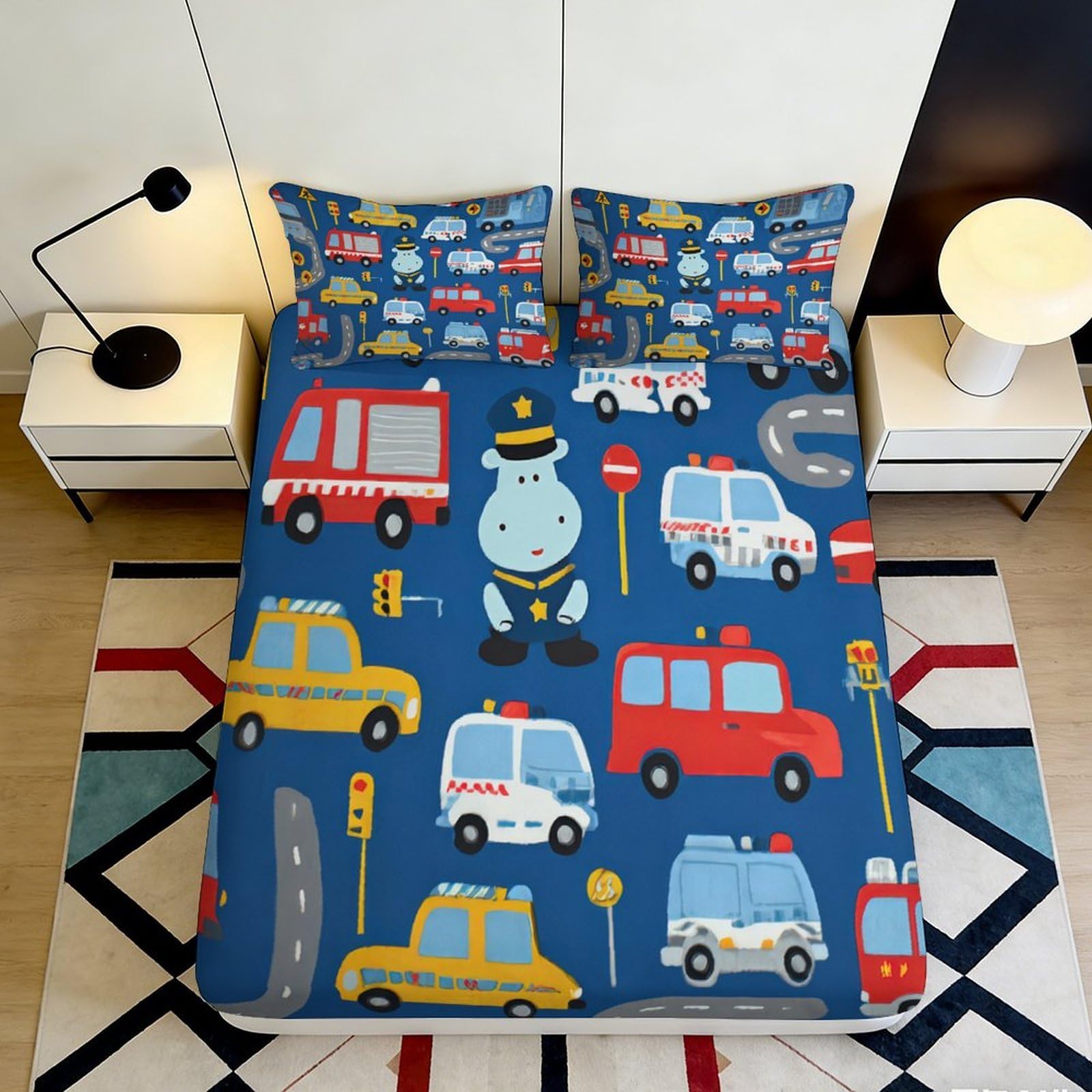 3D Printed Traffic Police Fitted Sheet Microfiber Soft Blue Car Bed Cover for Bedroom Dorm Mattress Protection Decor 90x200x25cm