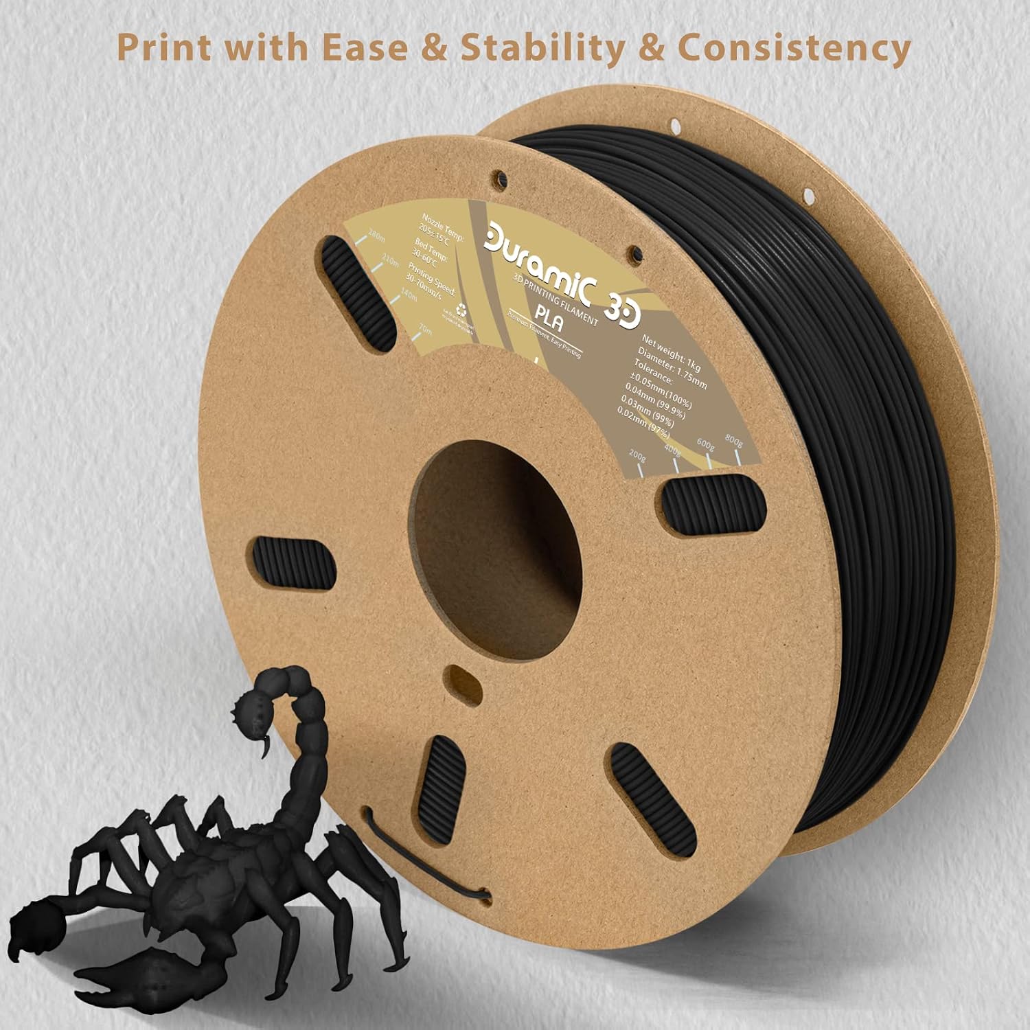 DURAMIC 3D PLA Filament 1.75mm Black 1kg Spool, Jam-Free High Stifness 3D Printing Filament with Cardboard Spool, No-Tangling No-Clogging Dimensional Accuracy 99% +/- 0.03 mm