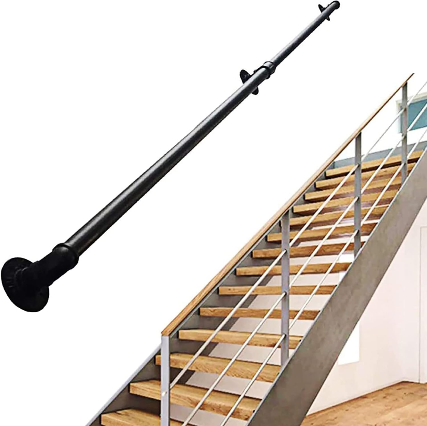 Industrial Staircase Handrail/Pipe Handrail Non-Slip Pipe Bar Foot Rail Wall Mount, Home Indoor Loft Against The Wall Old Non-Slip Kindergarten Handle, Black (Size : 2ft)