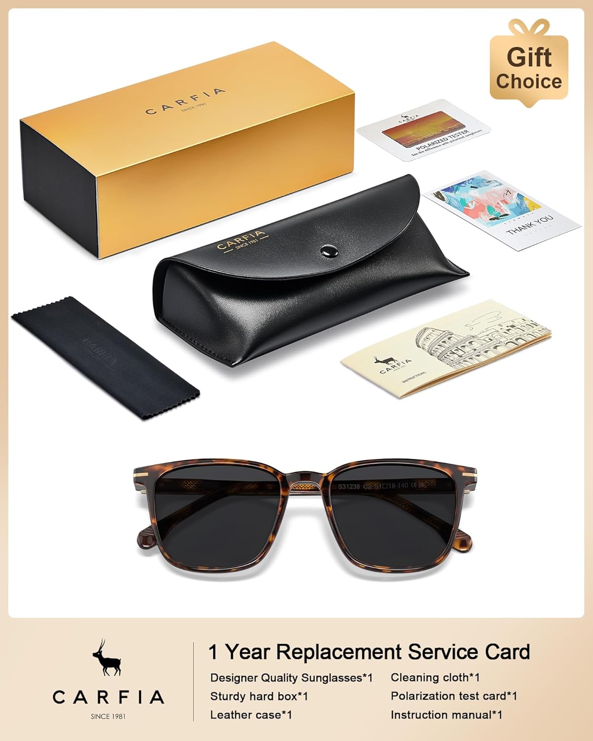 CARFIA Classic Polarized Sunglasses for Men UV400 Protection, Flexible Acetate Shades with Core Wire Design CA31238