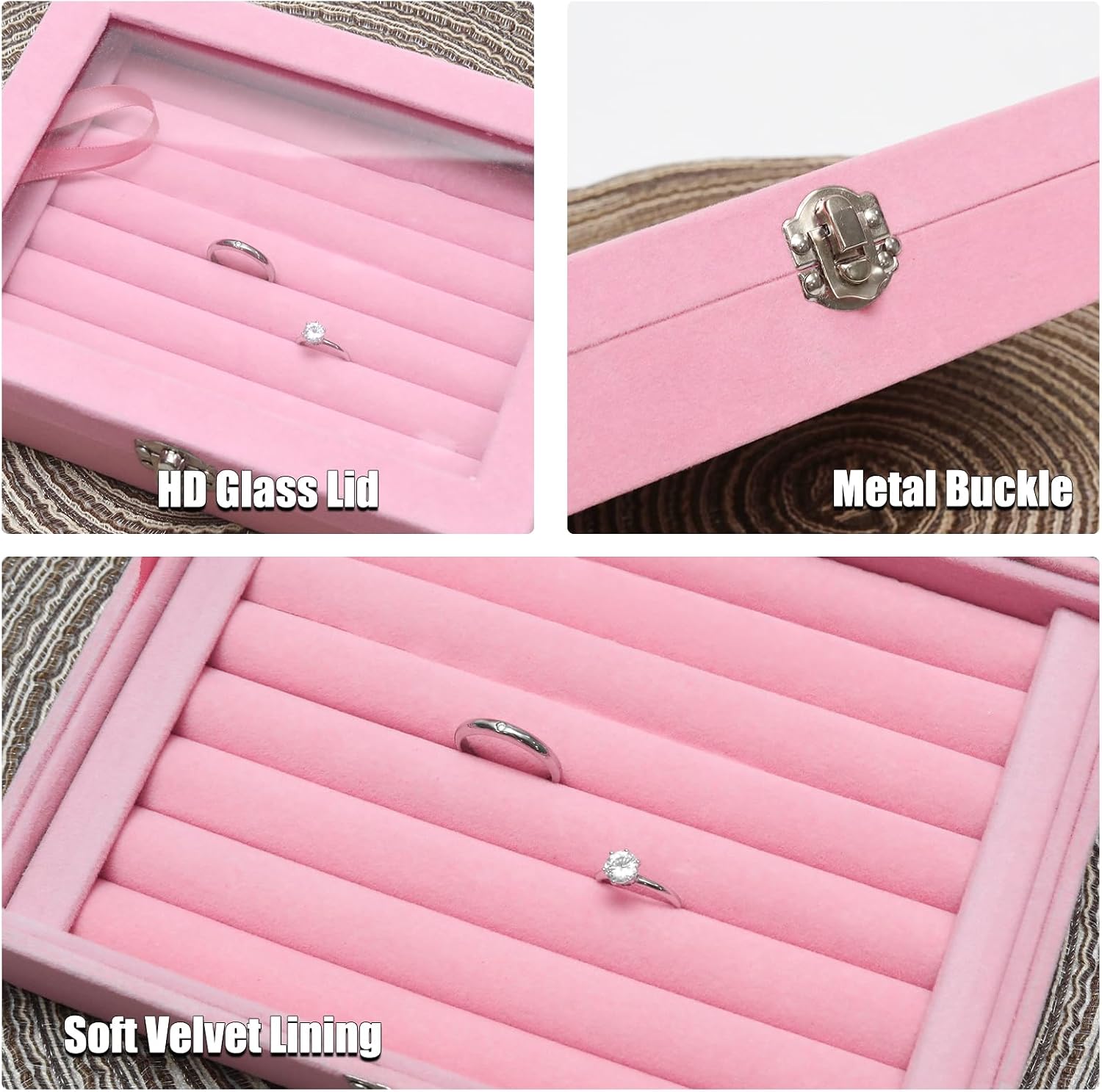 Small Velvet Jewelry Tray with Clear Lid, 8 Rolls Pink image 3