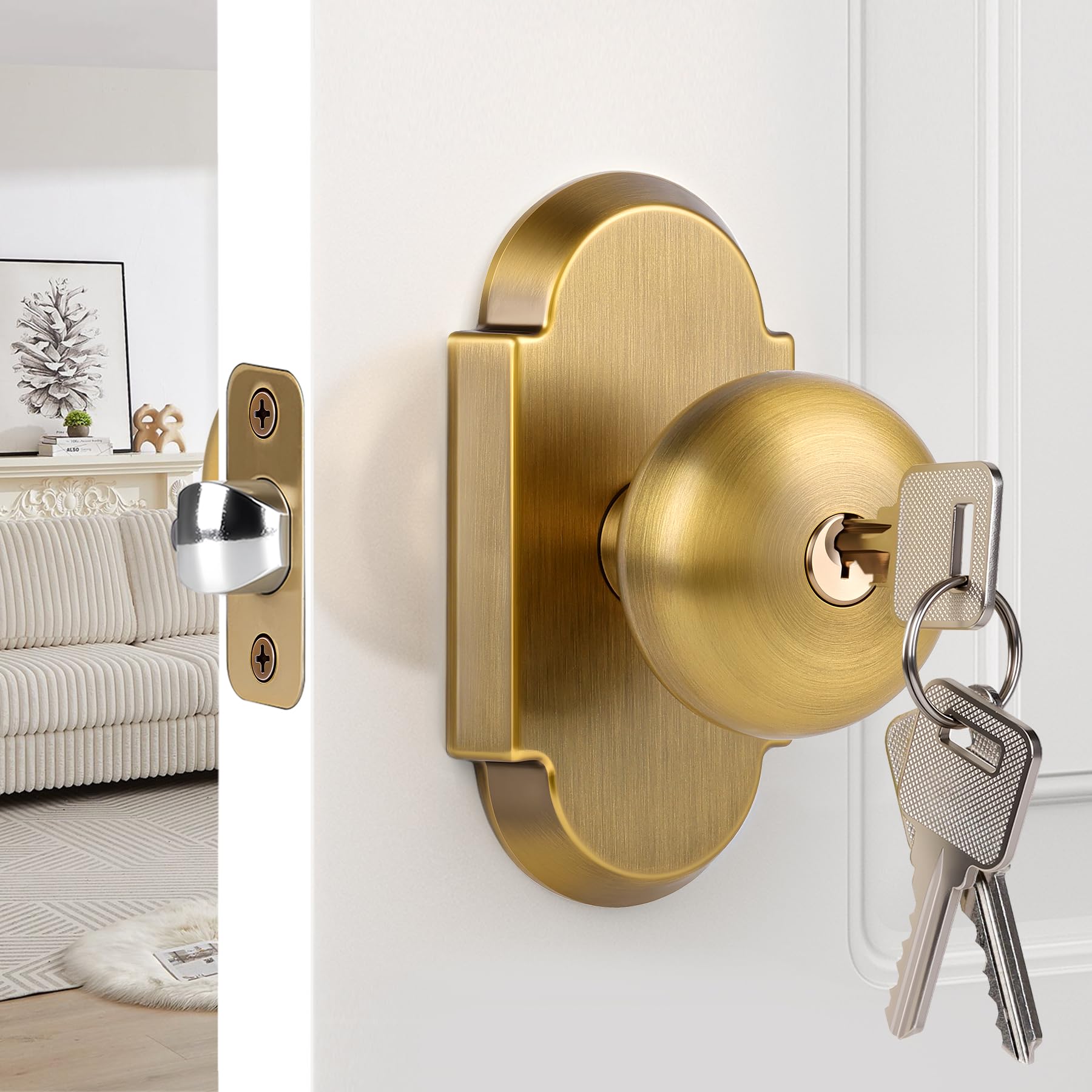 Antique Brass Entry Door Knob with Key Lock -1