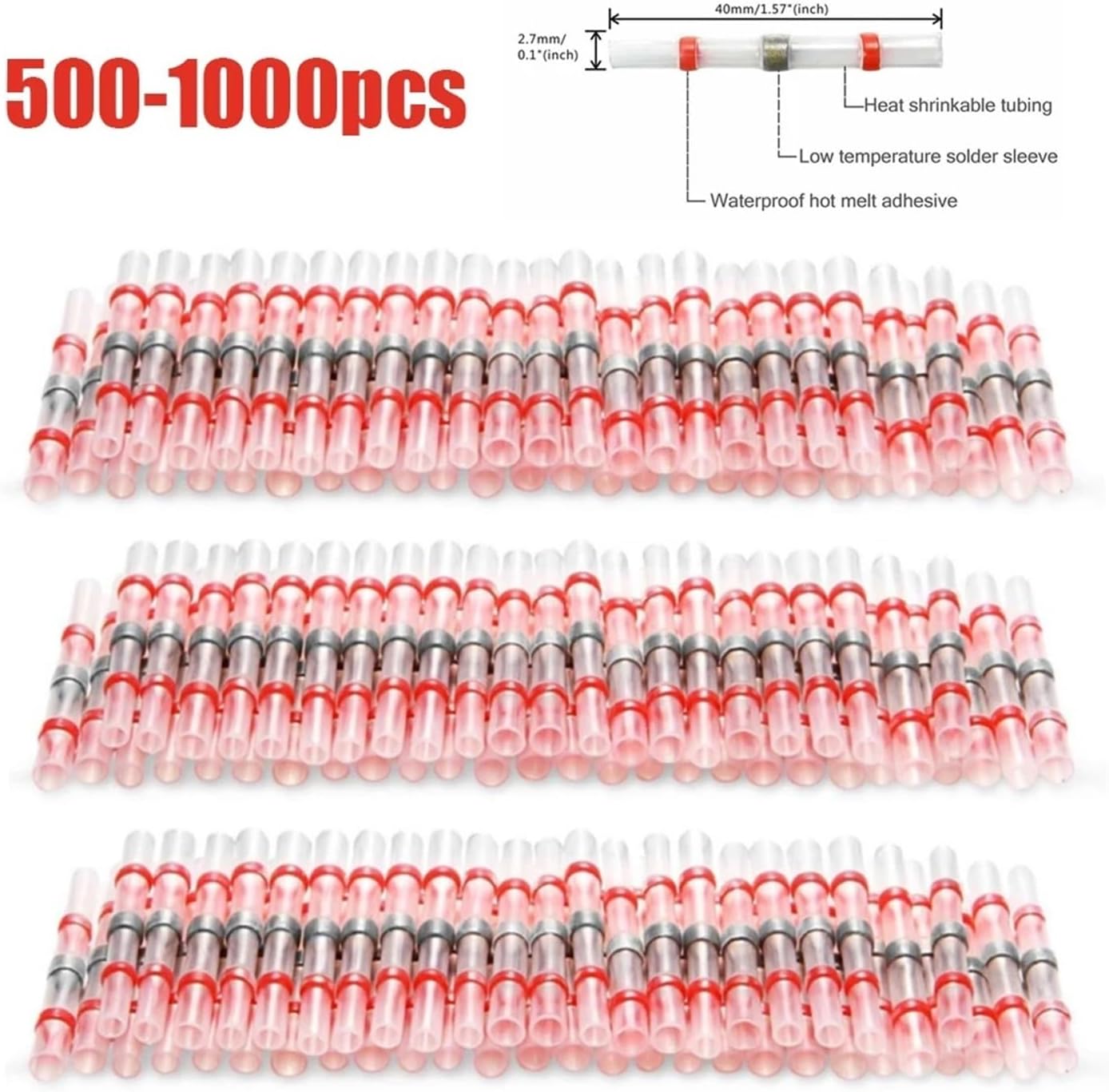 Solder Seal Wire Connectors 100/500/1000PCS Waterproof Solder Seal Sleeve Splice Terminals Copper AWG22-18 Red(100PCS)