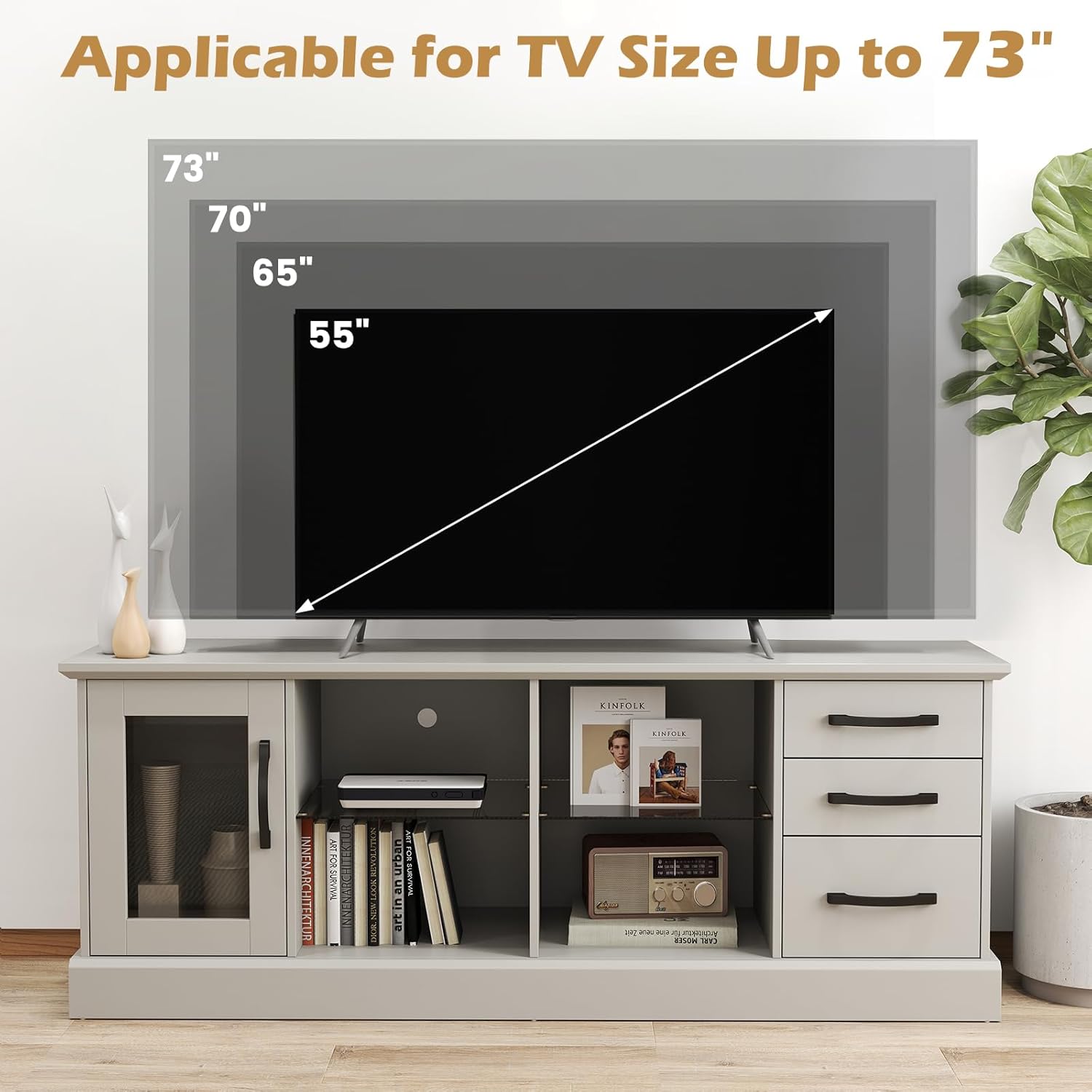 Giantex Farmhouse TV Stand for 73 Inch TV, Wood TV Console Table w/Removable Glass Shelves, Cable Management Holes & Drawers, Rustic Entertainment Center with Storage for Living Room, Bedroom, Grey