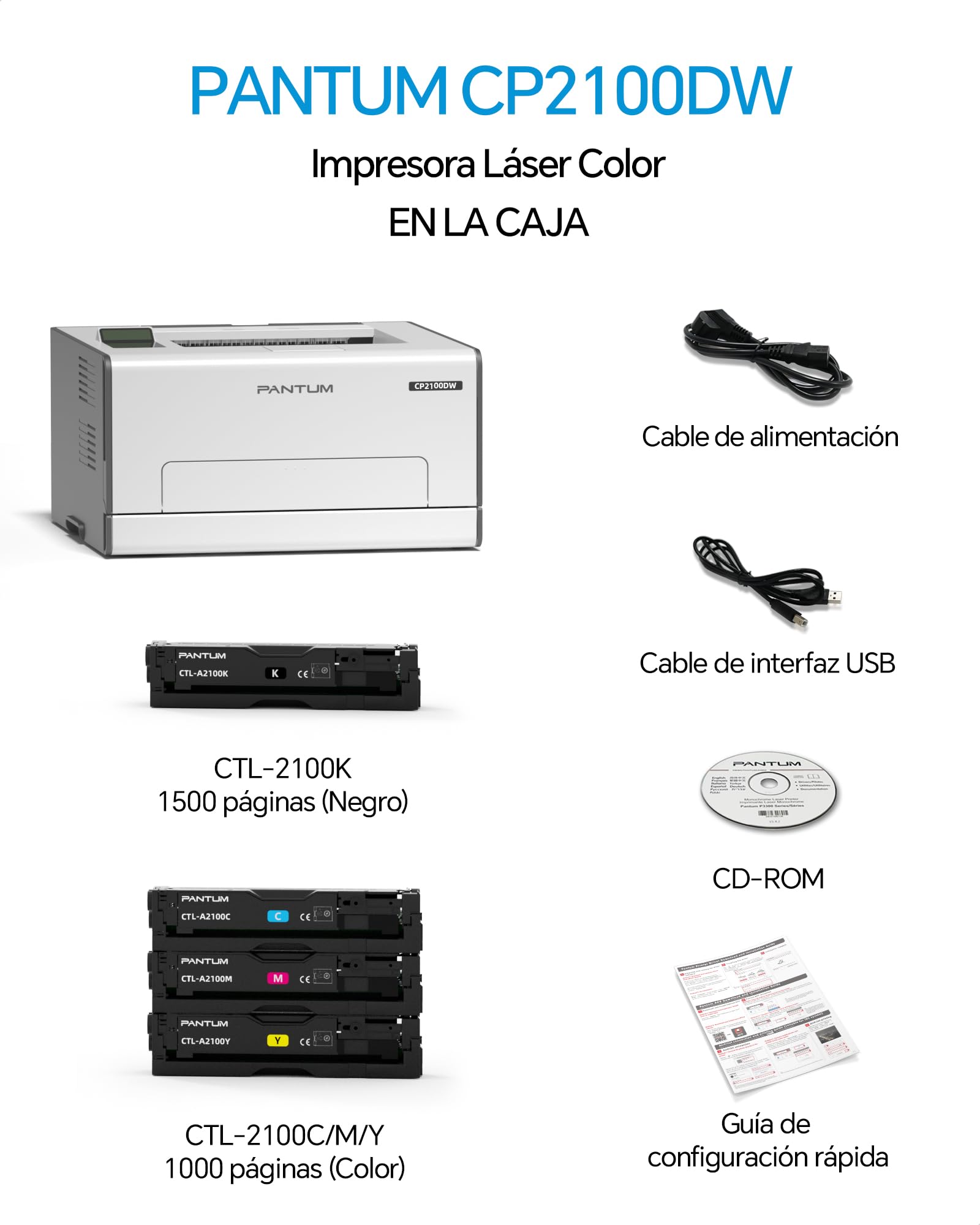 PANTUM Impresora láser a color CP2100DW WiFi NET USB, impresión automática a doble cara, función única, 20 ppm, para hogar y oficina