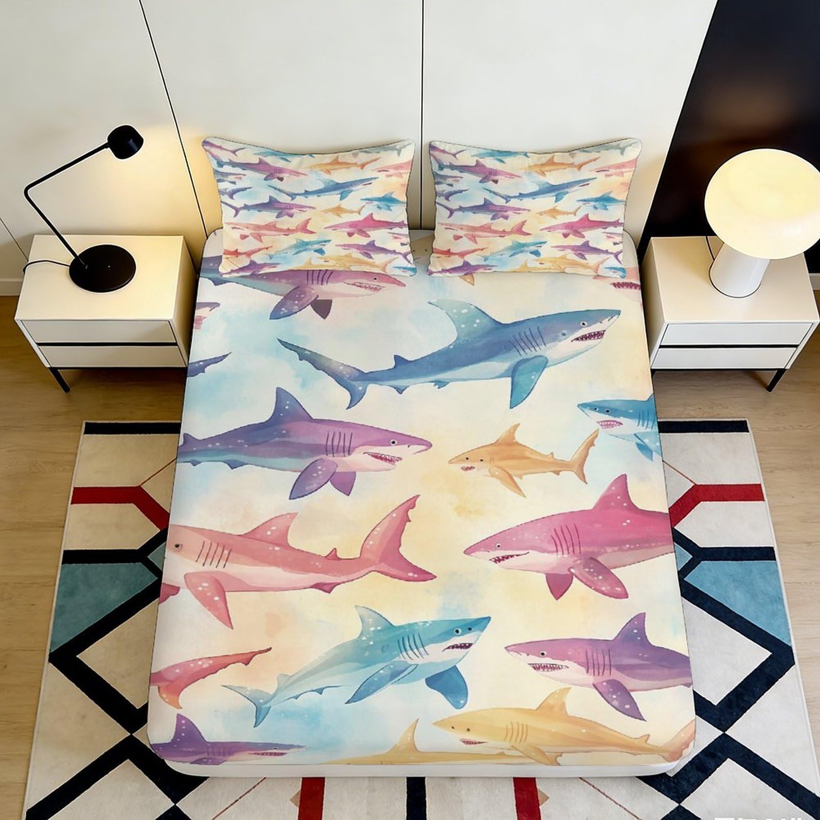 Jwndfkpvxzgl Style-4 3D Printed Colorful Shark Fitted Sheet Microfiber Soft Mattress Cover For Bedroom Dorm Decorative Anti-Slip Machine Washable 90X200x25cm