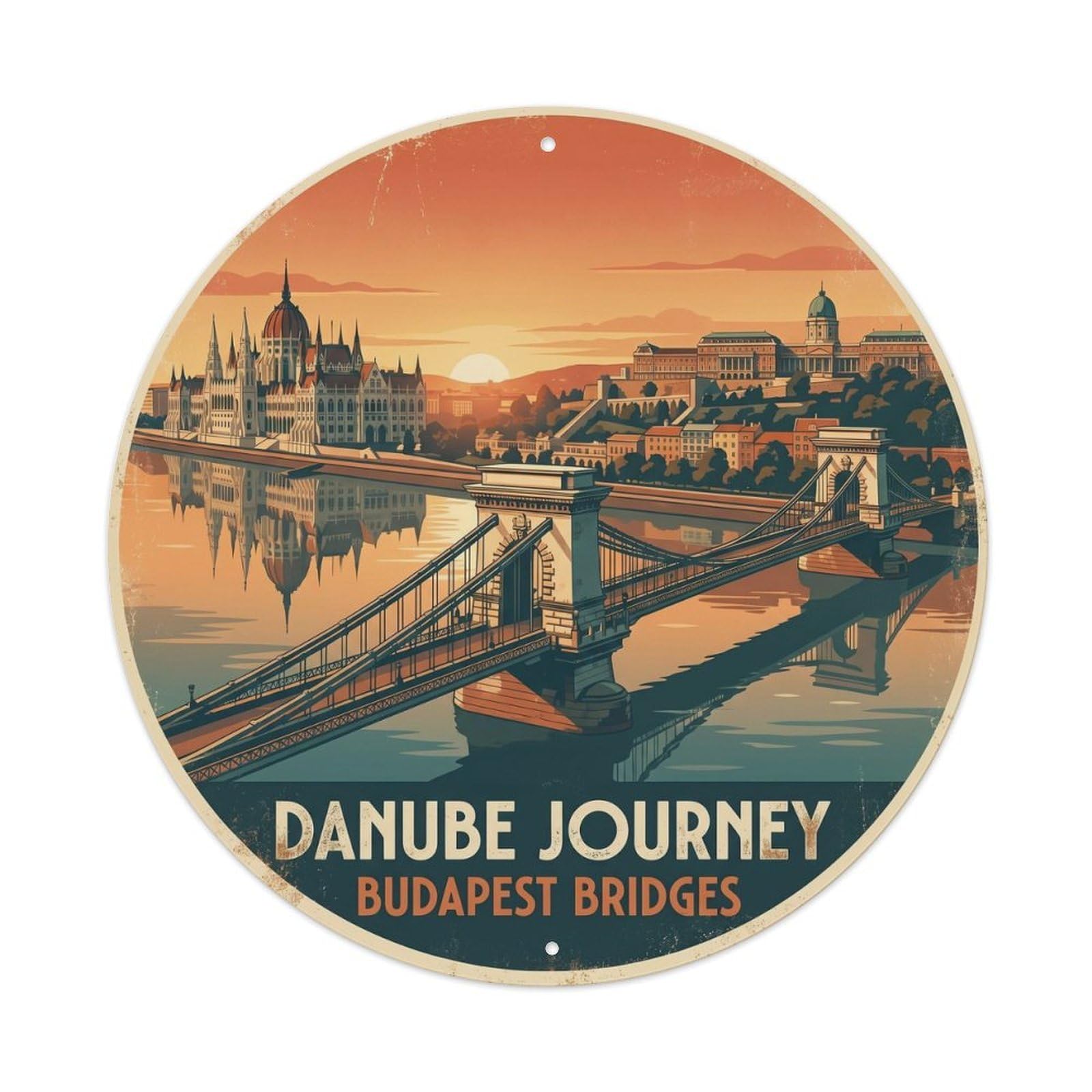 Vintage Travel Danube Budapest Bridges Metal Tin Sign