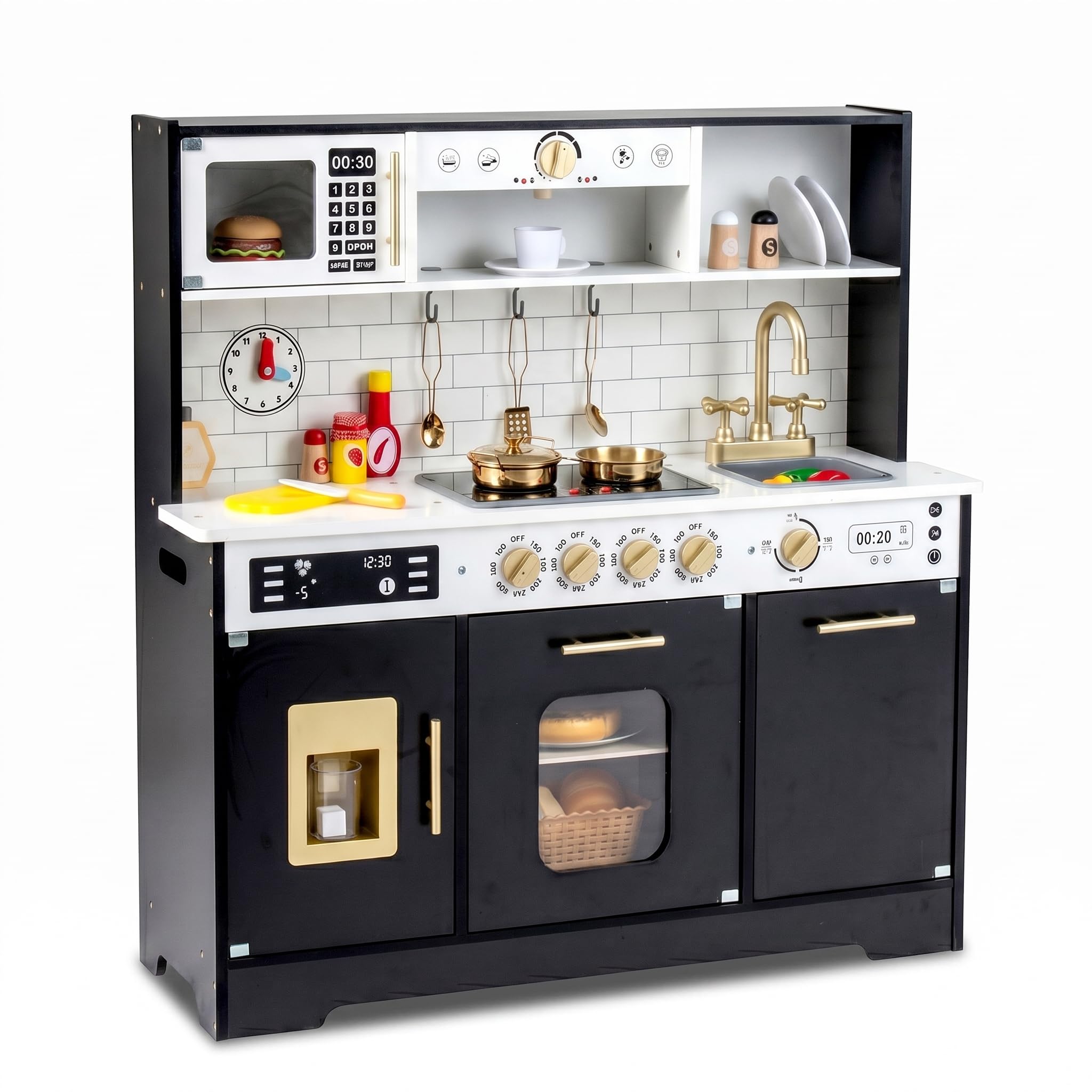 DREAMADE Kinderküche Holz, Spielküche mit Licht & Sound (Schwarz) | Kinder Küche mit Mikrowelle, Backoffen, Kaffeemaschine, Eiswürfelmaschine & Spülmaschine, Puppenküche für Kinder ab 3 Jahren