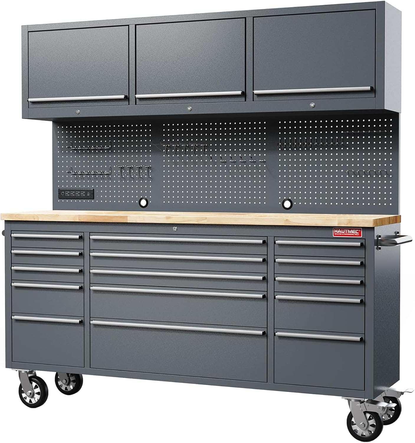 HAUTMEC 72" Rolling Tool Chest, Heavy-Duty Tool Cabinet with Wheels, Garage Workbench with 15 Drawers, 3 Upper Cabinets, Pegboard & 51 Hooks, Oak Worktop & Power Strip – HT0428
