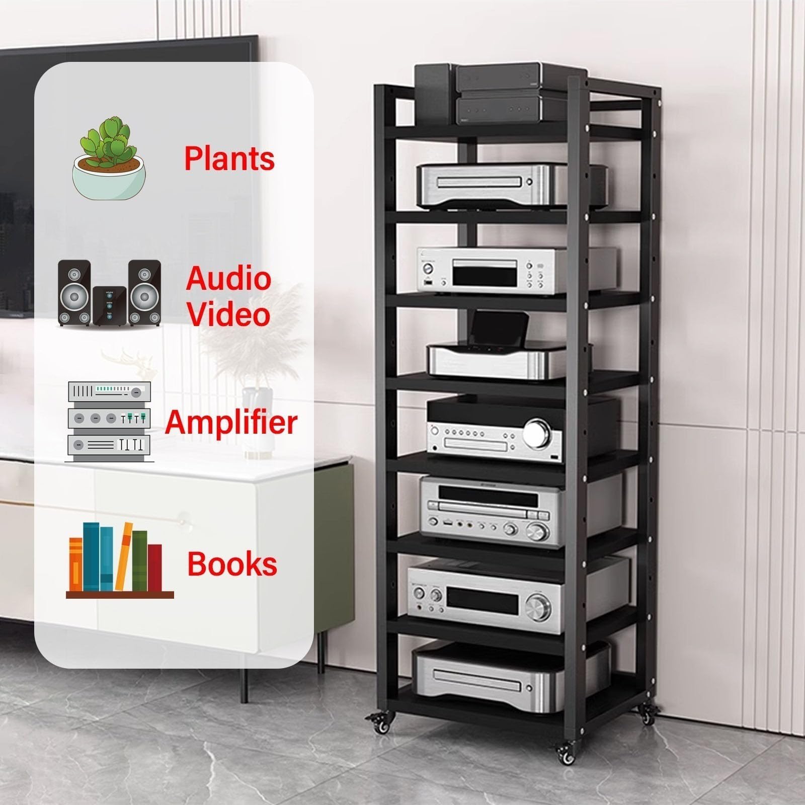 Support de Console avec Étagère Réglable en Hauteur, Tour Multimédia avec Roue, Grand Support de Composants Stéréo pour Amplificateurs