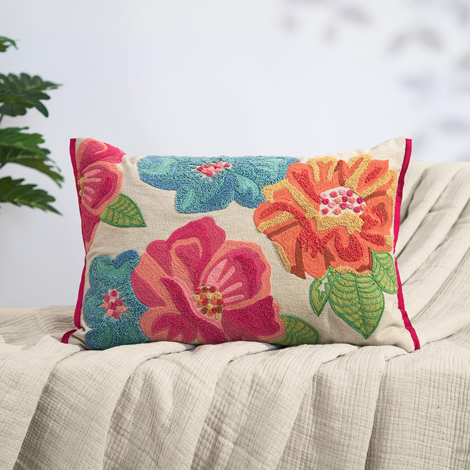 haus & kinder Decorative Embroidered Sham Cushion Cover Set of 1, Cotton Throw Pillow Cushion Cover 12x18 Inch for Sofa, Couch & Living Room Decor, Soft Breathable Rectangle Cushion Case-image-22