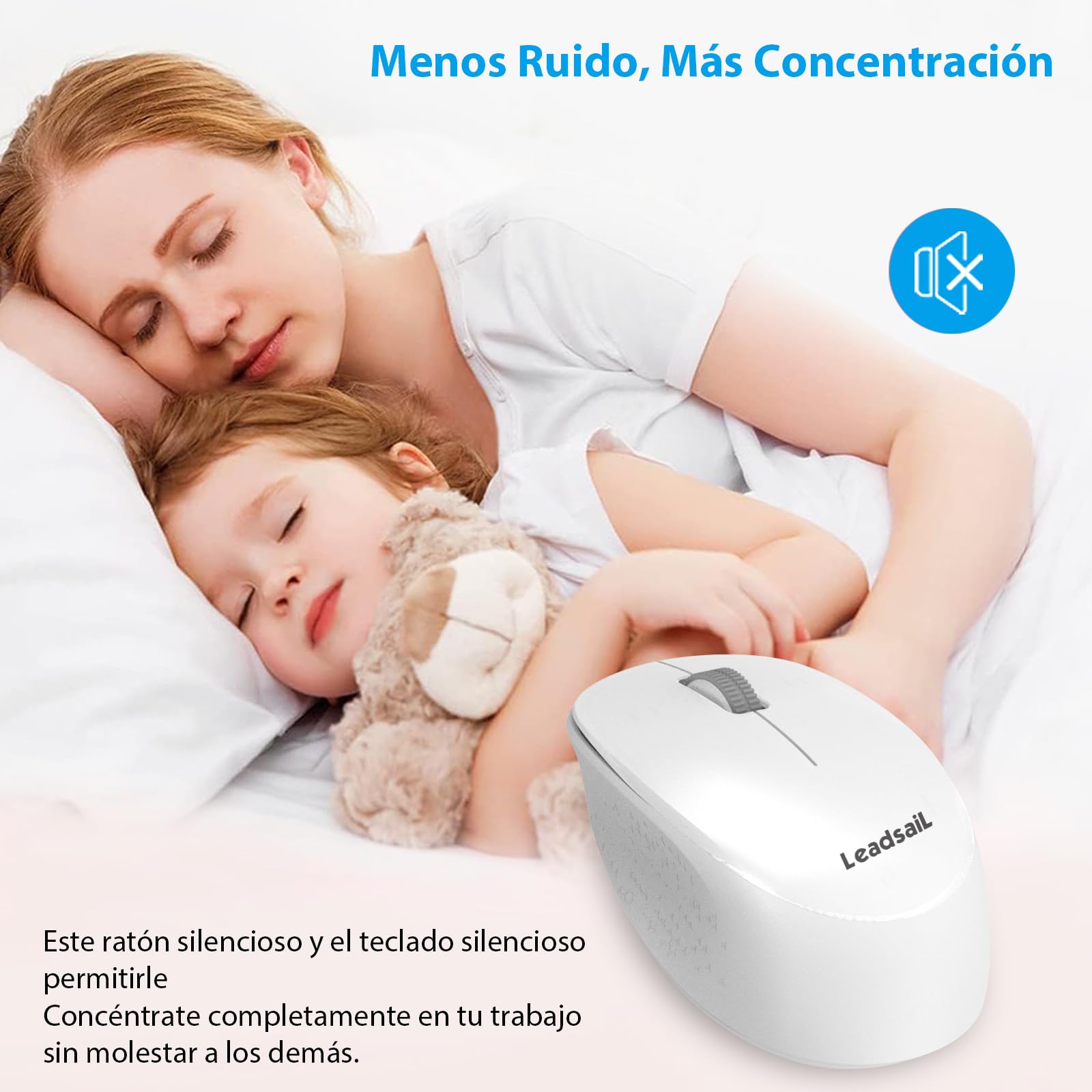 LeadsaiL Teclado y Raton Inalámbrico, Teclado y Raton Inalambrico Ergonómico, Español QWERTY, Tamaño Completo con Teclado Numérico, Receptor USB 2.4 GHz for Mac, PC, Ordenador Portátil-Blanco