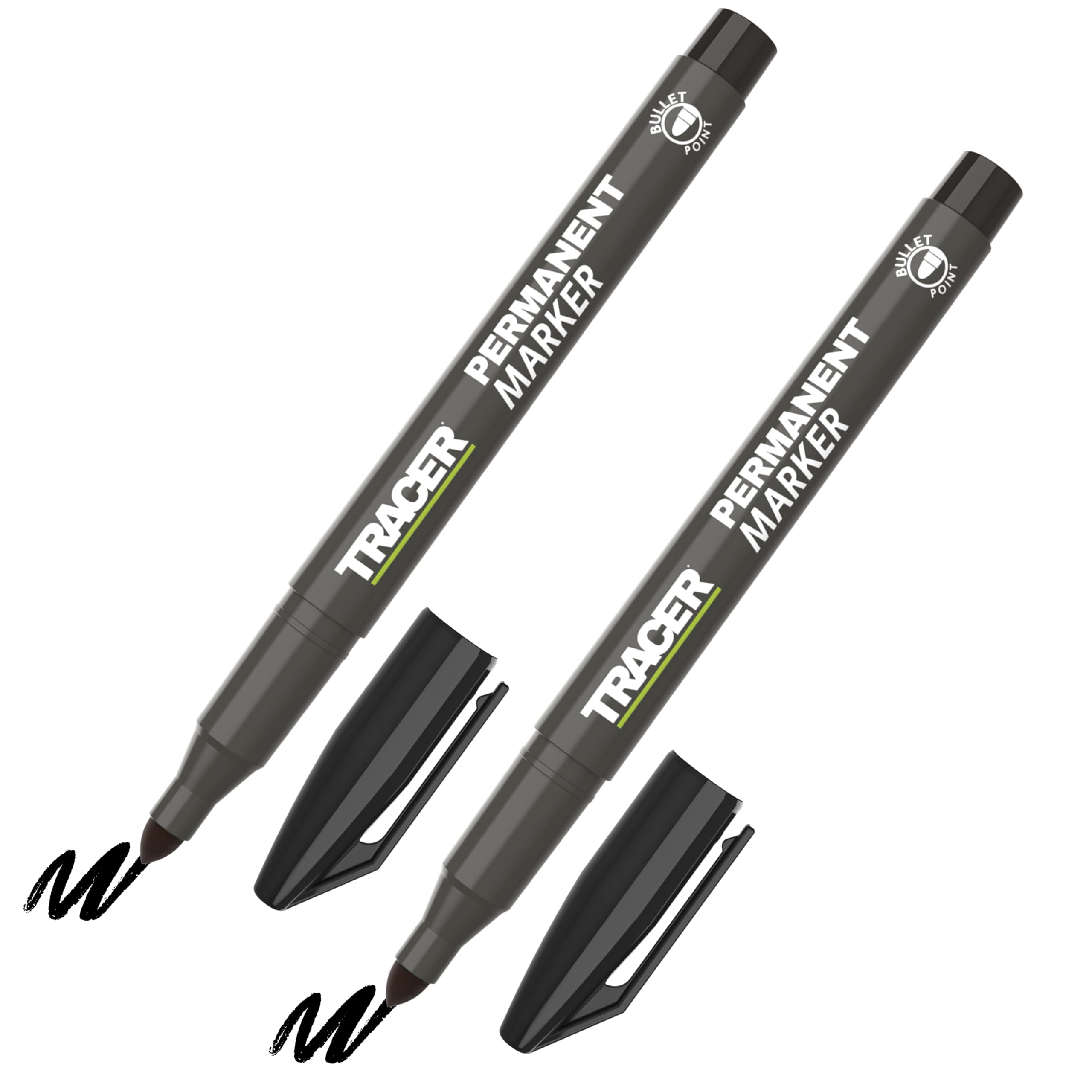 Tracer Fine-Point Permanent Construction Markers - Twin Pack (1-2mm Bullet Point General-Purpose Marker with quick-drying ink) – Black Permanent Markers x 2