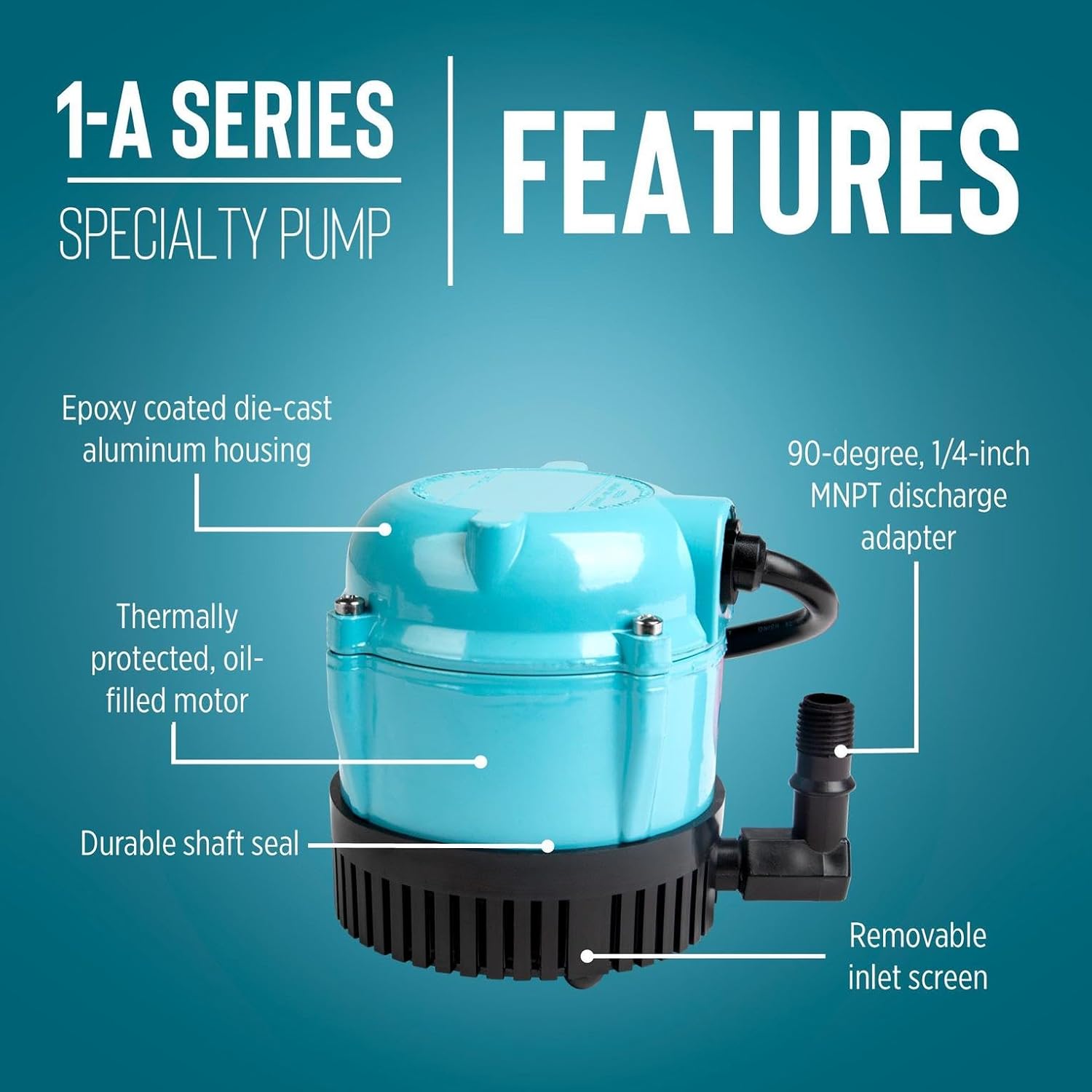 Little Giant 1-A 115 Volt, 1/200 HP, 170 GPH Small Submersible Permanently Oiled Pump for Fountain, Water Displays and Air Conditioners, 6-Foot Cord, Blue, 500203