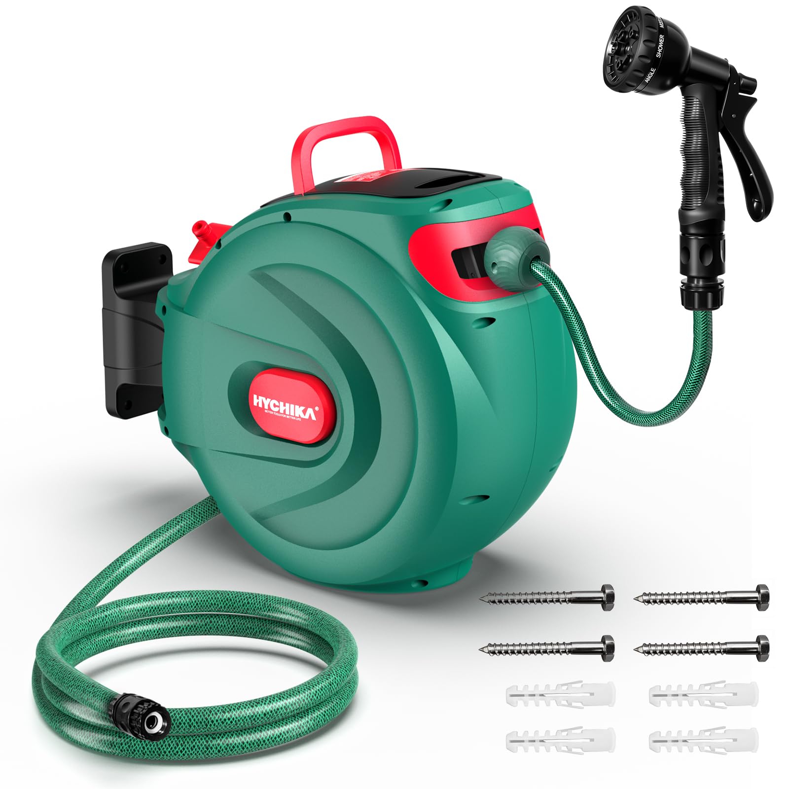 HYCHIKA Avvolgitubo da Giardino 30M - Aria Compressa Avvolgitubo Retrattile con Blocco Automatico, Ugello a 8 Funzioni, 180° Giro, Conservazione Sicura per Tubi d'Innaffiamento Esterni
