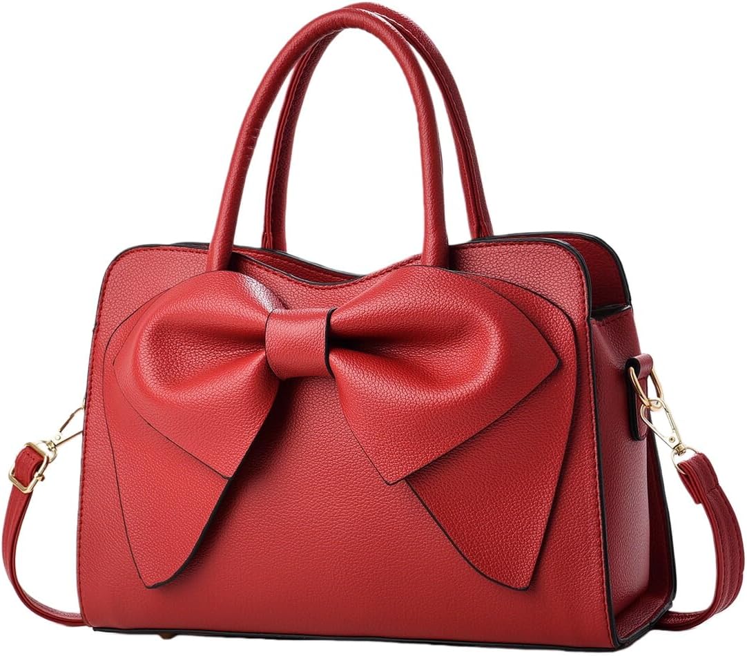 Women's Satchel Handbag with Large Bow Decor - Soft Faux Leather (PU) Tote Bag with Removable Shoulder Strap