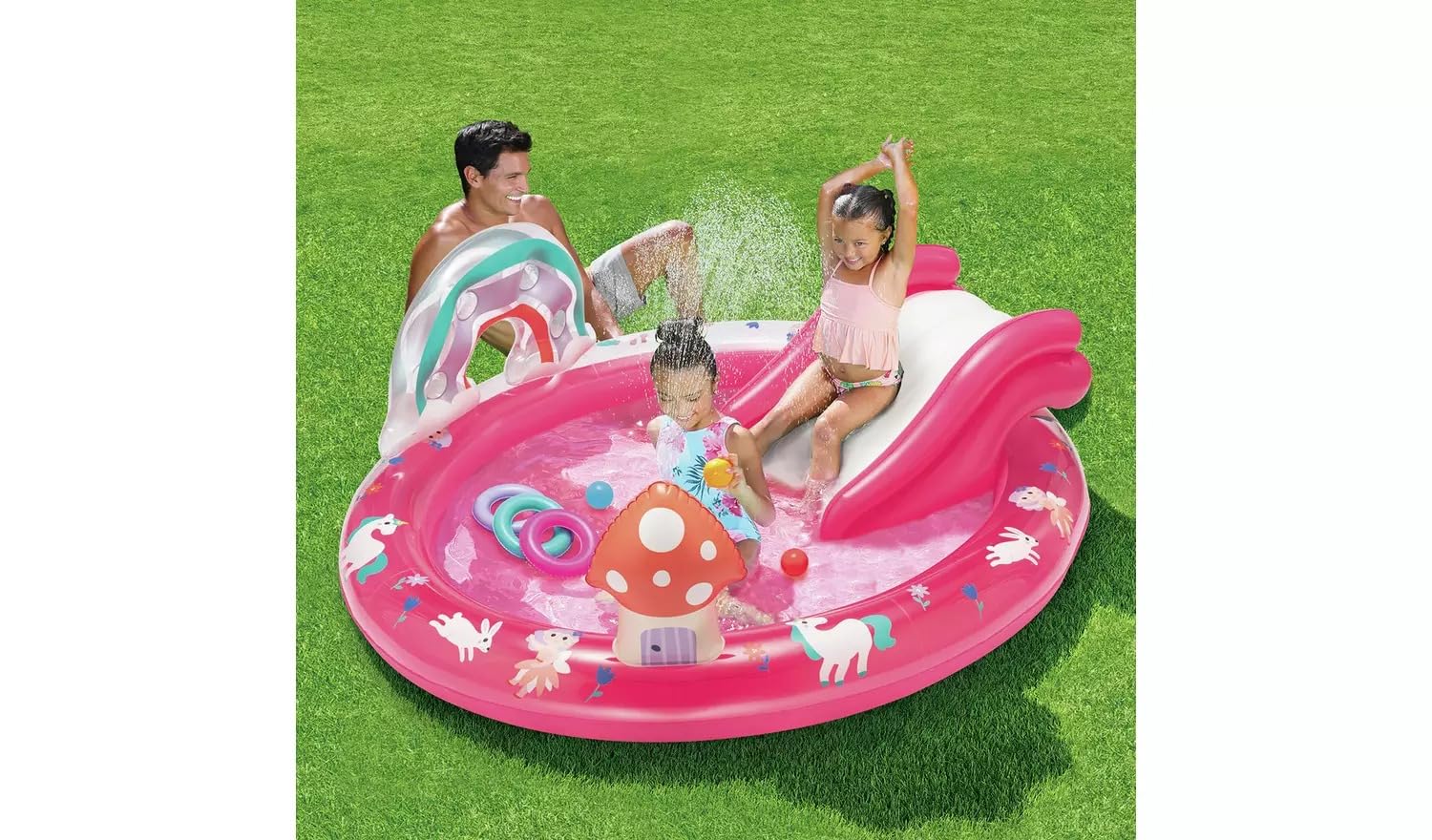 Unicorn & Rainbow Inflatable Play Centre, Kids Paddling Pool with Slide and Water Sprayer, Outdoor Garden Splash Pool for Children, Summer Water Play Centren - 97L