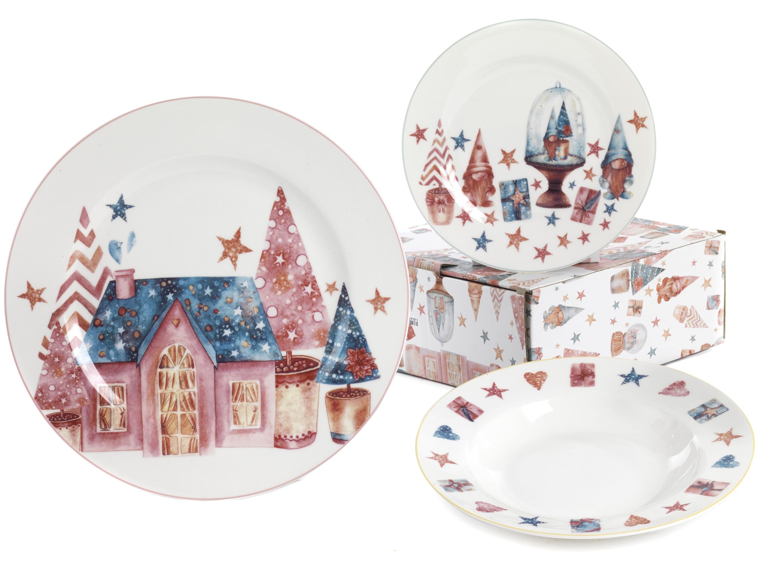 Servicio de platos navideño de 18 piezas con tema de Navidad en porcelana de autor Nàvel 6 fondos Ø 21,6 cm, 6 platos Ø 21,6 cm y 6 platos Ø 26,7 cm con elegante caja litografiada
