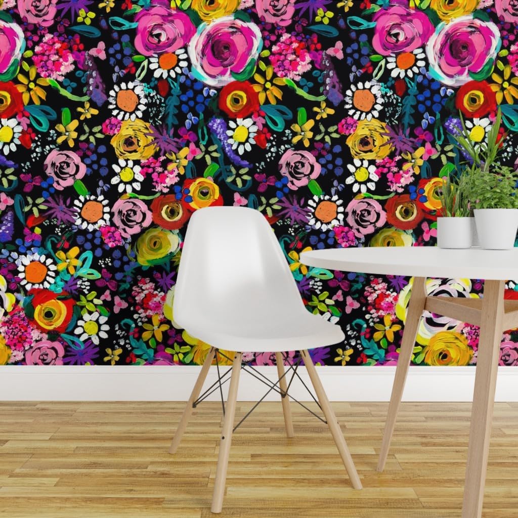 Removable Wallpaper 3ft x 2ft - Bright Floral Painting Colorful Florals with Black Backg Neon Summer Flower Custom Pre-Pasted Wallpaper by Spoonflower