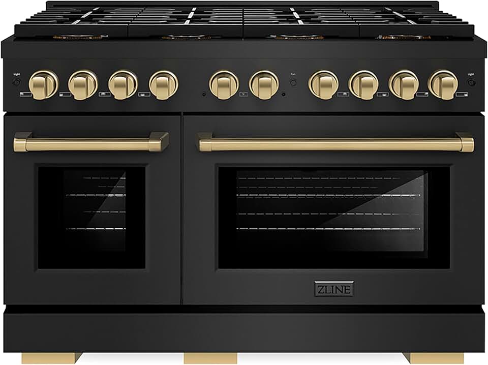 ZLINE Autograph Edition 48 in. 6.7 cu. ft. Paramount Gas Range with 8 Burner DuoPro™ Cooktop and Dual Ovens in Black Stainless Steel and Champagne Bronze Accents (PSGRBZ-48-CB)