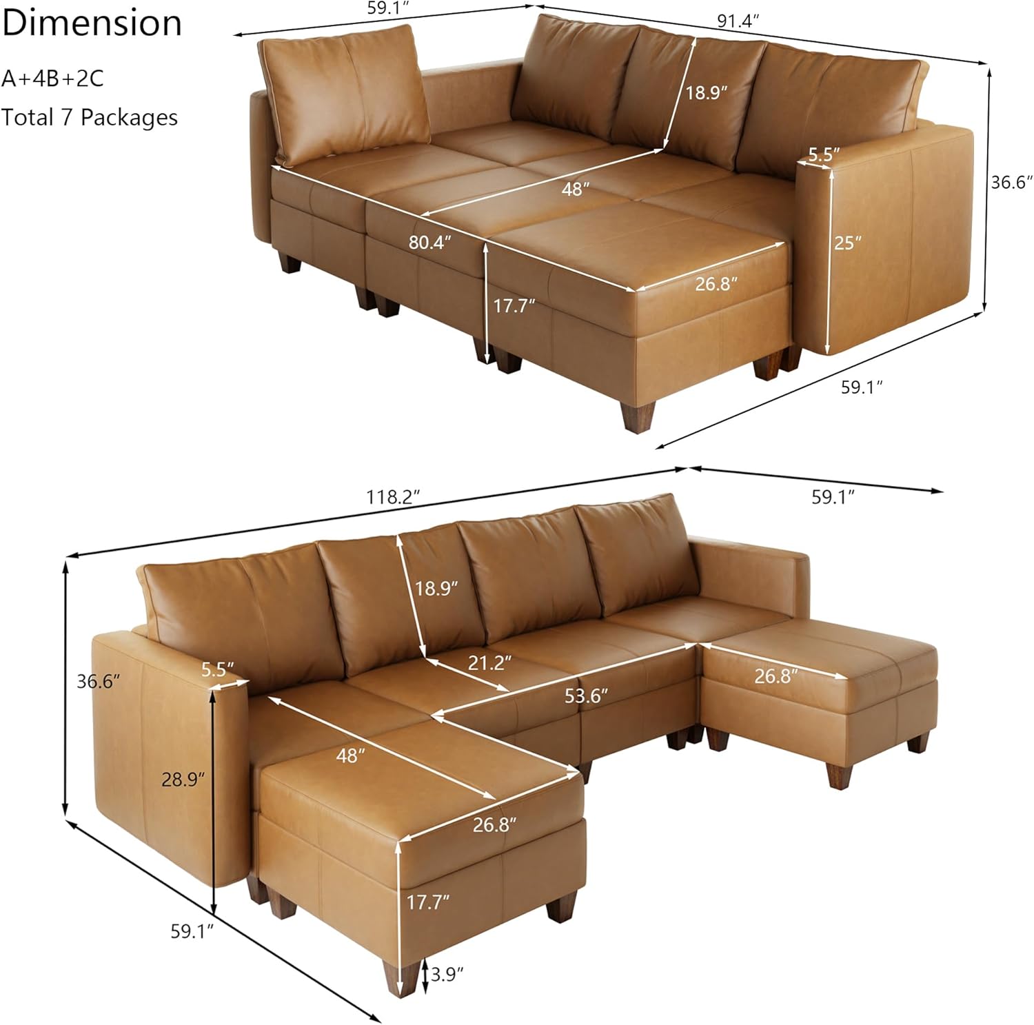 EASE MOOSE Leather Sectional U Shaped Modular Sectional Sofa with Storage, Faux Leather Modular Couch for Living Room, Brown