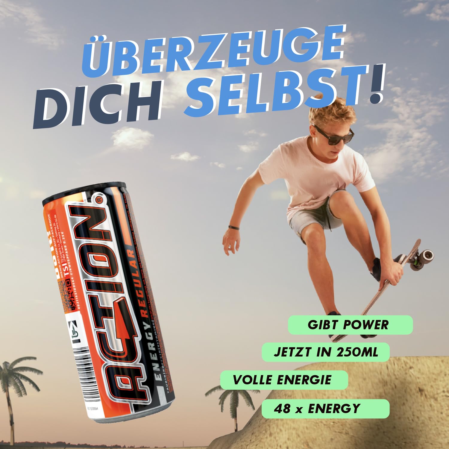 Action Energy Drink Regular (48 x 250 ml) incluye depósito – Refresco con sabor a tutti-Frutti – patata energética con mayor contenido de cafeína 31,5 mg/100 ml de cafeína