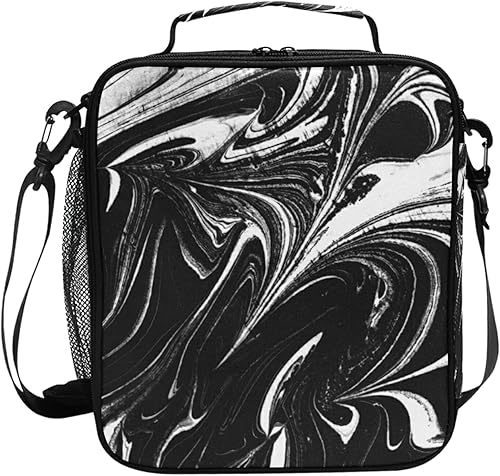 ALAZA Lonchera de mármol fluido de tinta negra y blanca para niñas y niños, bolsa de almuerzo reutilizable, kit de bolsa de almuerzo congelable,