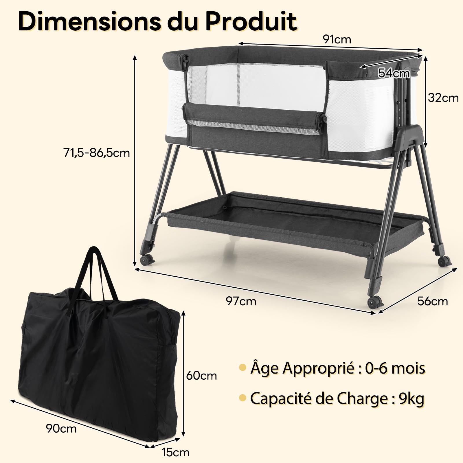 DREAMADE Lit Cododo Pliable Bébé 0-6 Mois avec Matelas Berceau Nouveau-Nés Portable avec Hauteur Réglable,Roues Universelles Lit Parapluie avec Fenêtre en Maille,Corde Fix,Charge 9+2KG (Gris Foncé)