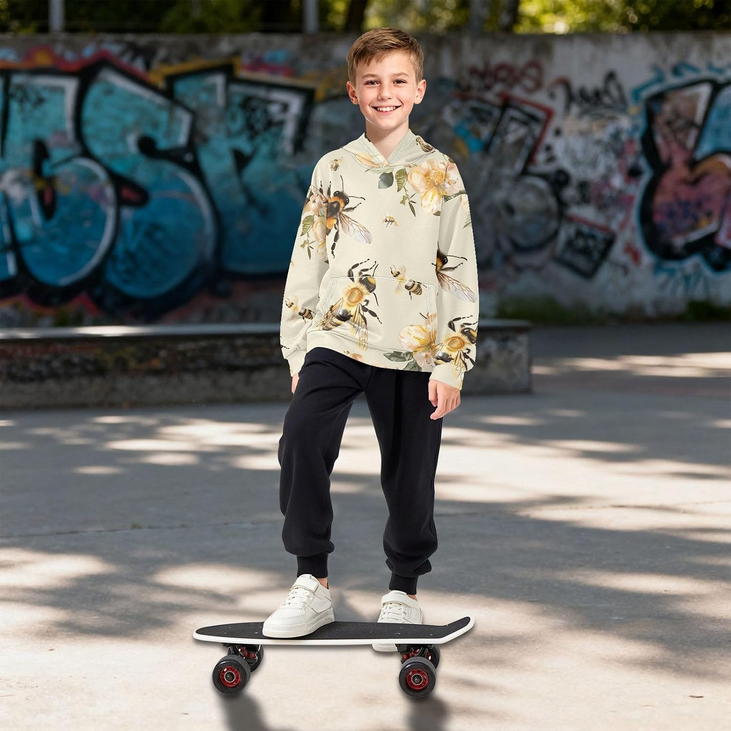 ZZXXB Lovely Bee Floral Kids Sweatshirts Boys Girls Hooded Kangaroo Pocket Pullover Tops XS-XXL