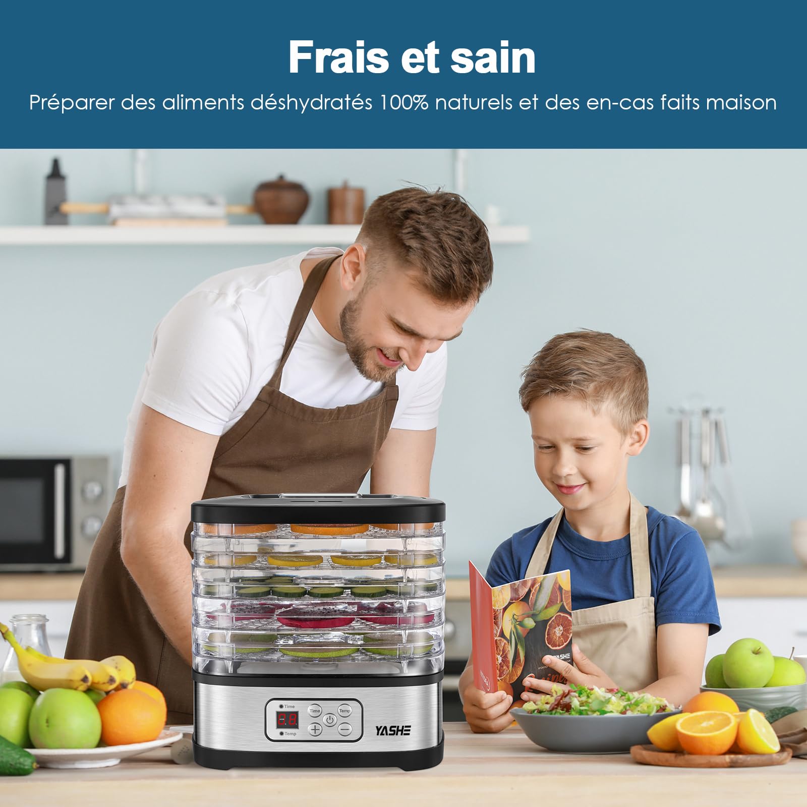 YASHE GGJ-261B Déshydrateur Alimentaire, Contrôle de Température de 35 à 70°C et Minuterie de 72 Heures, 5 Plateaux Réglables en Hauteur, Déshydrateur pour Fruits et Légumes, 240 Watts, Sans BPA