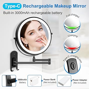 9 Rechargeable Wall Mounted Lighted Makeup Mirror, Double Sided 1X/10X Magnifying Mirror with 3 Color Lights Dimmable, Bathroom Mirror with Hook, Black