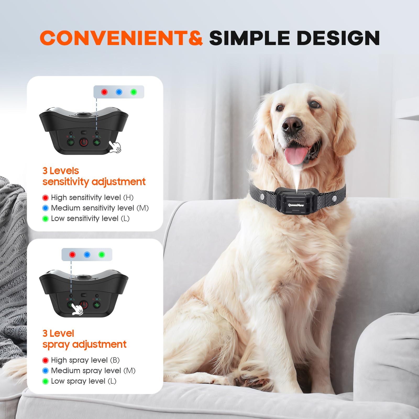 Collare Antiabbaio per Cani, Collare Antiabbaio a Spruzzo con 3 Livelli di Sensibilità e Spruzzo Regolabili, CollareAntiabbaio per Cani alla Citronella Impermeabile e Ricaricabile con 2 Cinturini