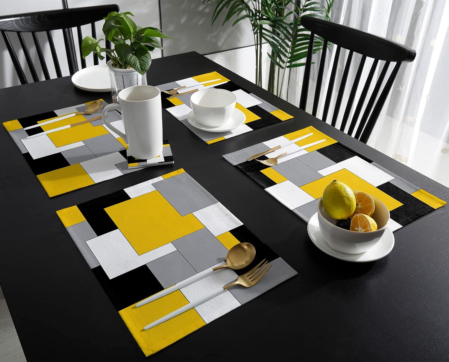 Black and Yellow Placemats Set of 4,Non Slip Washable Table Mats Set, Abstract Art Patchwork Table Placemats for Kitchen Dining Table,Wedding Holiday Party Decoration