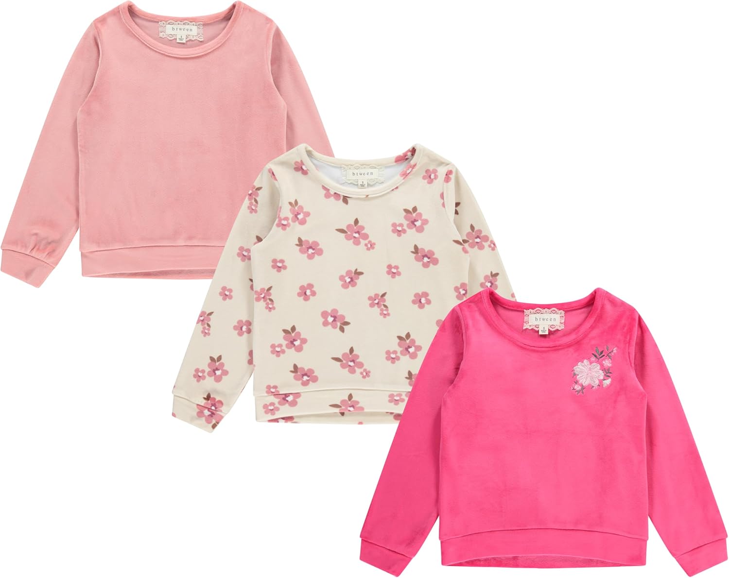 BTween Girls Cozy Velour Sweatshirt Set, 3 Pack of Soft Sweatshirts for Kids, Stylish Casual Outfits, Sizes 4-14
