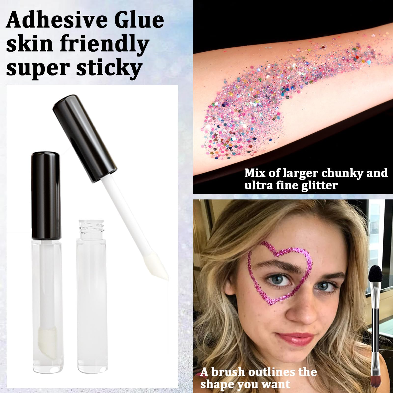 Brillantina holográfica gruesa de 16 colores con pegamento para maquillaje, cabello, ojos y sombra de ojos con purpurina fina, perfecta para fiesta de bandera del 4 de julio, Halloween 8