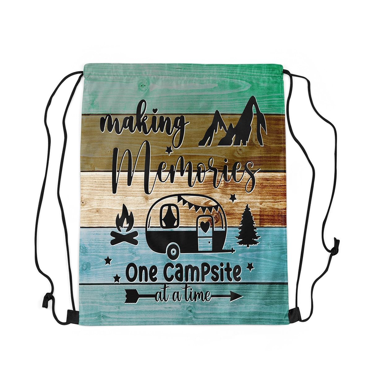 Feelyou Camper Drawstring Backpack Happy Camping Gym String Bag For RV Decorations Vintage Wooden Planks Sports Drawstring Sackpack Rustic Farmhouse Style Drawstring Bags