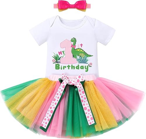IBTOM CASTLE Trajes de fiesta temática de dinosaurio para niñas de primer cumpleaños de princesa, conjunto de falda tutú + diadema sesión de fotos