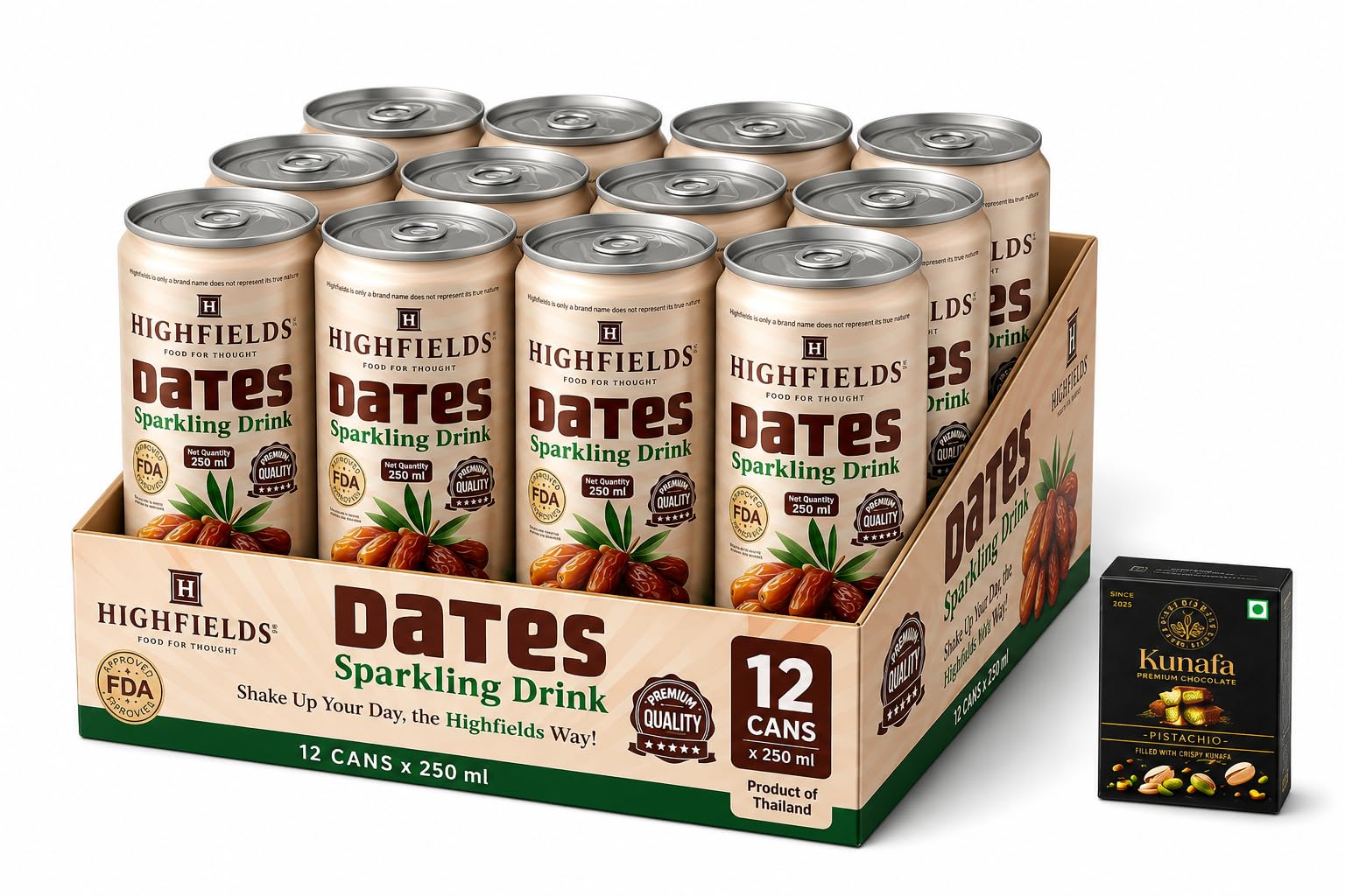 HIGHFIELDS Dates Sparkling Drink 250ml – Premium Low Sugar Sparkling Soda with Natural Dates Extract | Refreshing Fizzy Beverage | Clean Energy Hydration | 250ml Can (Pack of 12) with Free Flavourito Kunafa Pistachio Chocolate Bar, 20g By Decadent Foods-image-47