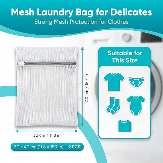2 Pack Mesh Laundry Bags for Washing Machine, 30x40cm Reusable Delicates Washing Bag, Durable Fine Net for Clothes, Socks, Underwear, Bra & Travel Storage
