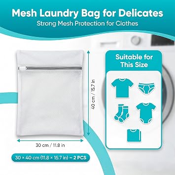 2 Pack Mesh Laundry Bags for Washing Machine, 30x40cm Reusable Delicates Washing Bag, Durable Fine Net for Clothes, Socks, Underwear, Bra & Travel Storage