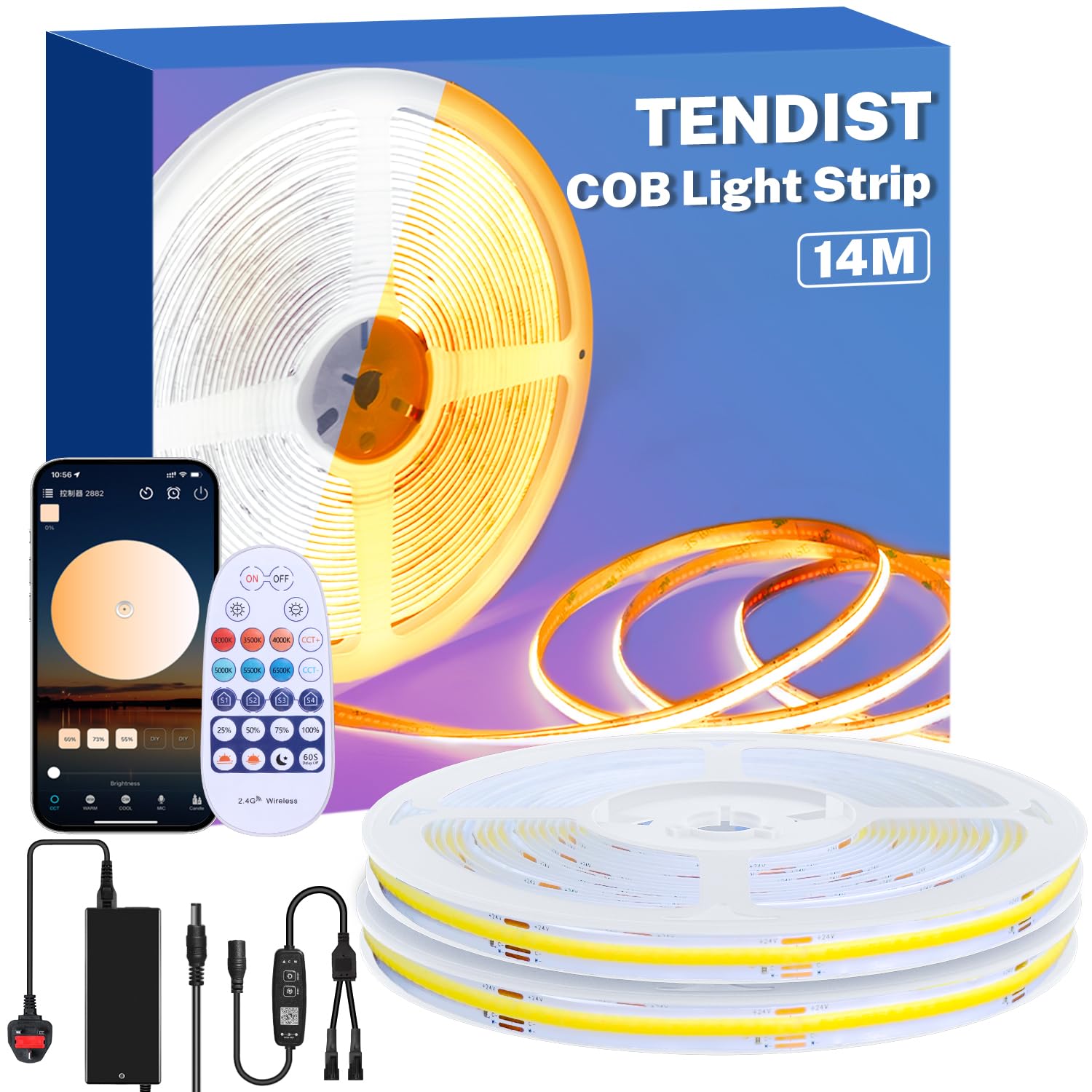 TENDIST COB Led Strip 14M, 3000-6500K CRI90+ Led COB Strip Light, 24V Super Bright Dimmable Warm White to Cool White Ruban, COB LED Strip Light for Interior Decoration (Warm White to Cool White, 14M)